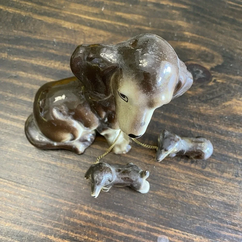 VTG DACHSHUND‎ Ceramic Figurines Mom And 2 Puppies Brown & White Flaw